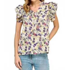 NEW TWENTY TEN floral print blouse with ruffle sleeves in yellow/purple